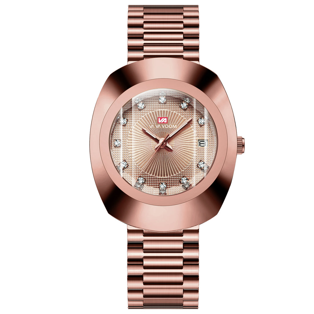 Gold Diamond Quartz Watch Stainless Steel Band