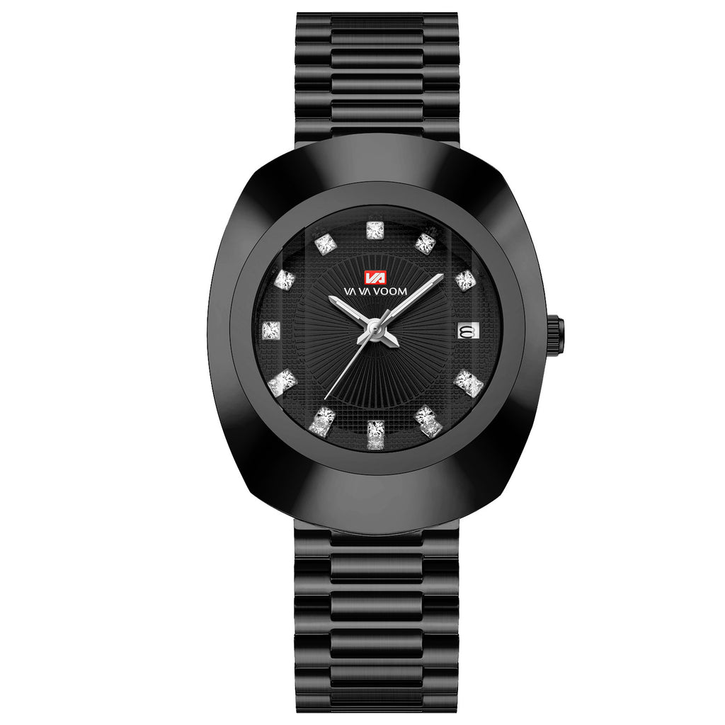 Gold Diamond Quartz Watch Stainless Steel Band