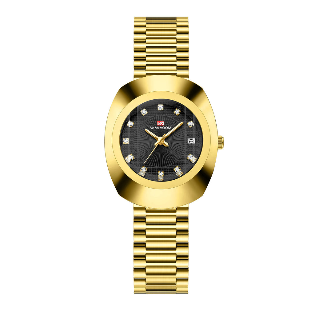 Gold Diamond Quartz Watch Stainless Steel Band